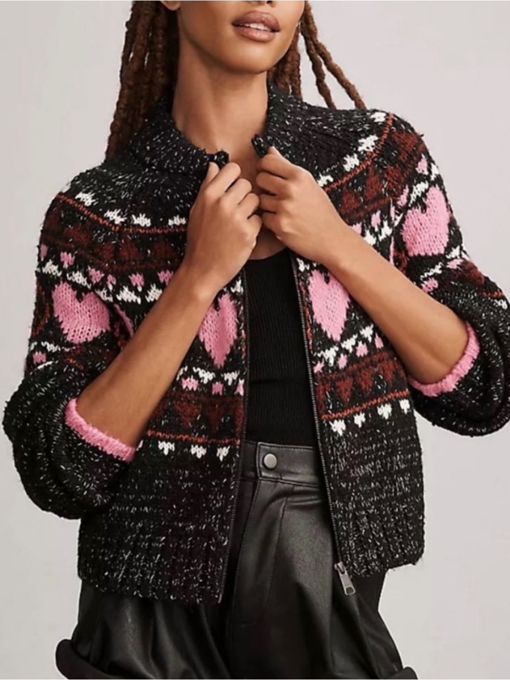Pilcro Black Red and Pink Fair Isle Zip Jacket Size Small